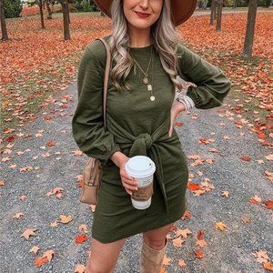 PRETTYGARDEN Women's Elegant Long Lantern Sleeve Short Dress Crewneck Tie Waist